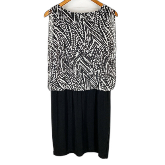 JBS Dress10 Black White Sheath Geometric Sheer Overlay Sleeveless Mini - Picture 3 of 6